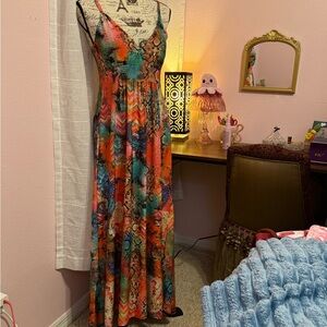 Sleeveless Multicolor Print Maxi Dress - Vibrant Orange & Teal